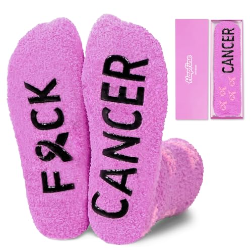 Hapfine Funny Cancer Survivor Gifts for Women - Purple Slipper Socks - F*ck Cancer - Inspirational Chemo Recovery Gift - Non Slip Grippers (Purple)