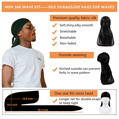 Wave Brush For Men 360,Curved 360 Wave Brushes Kit Medium Hard And Durag Set,Stocking Wave Caps For Men 360,Crown Patch For 360 Waves,7 In 1 Wave Starter Kit Men Hair Waves,Set B #TOP3
