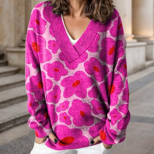 Women's Cute Graphic Printed Oversized Pullover Knit Sweater Casual Loose Fall Winter Vintage V Neck Long Sleeve Top2