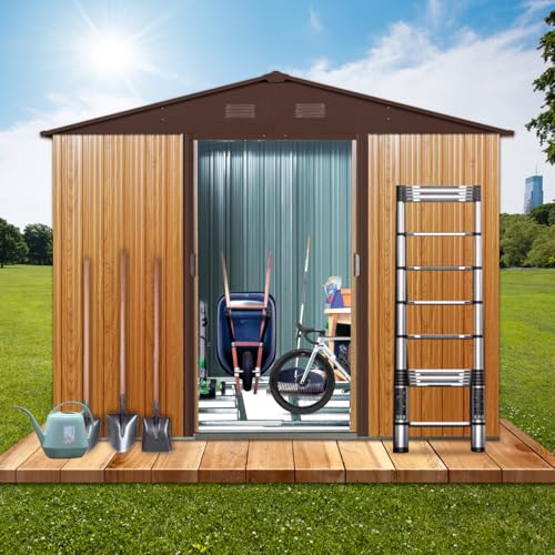 8Ft X 6Ft Outdoor Metal Storage Shed with Metal Foundation Coffee Robust Construction Durable Outdoor Storage Fade-Resistant Steel Panels Weather-Resistant