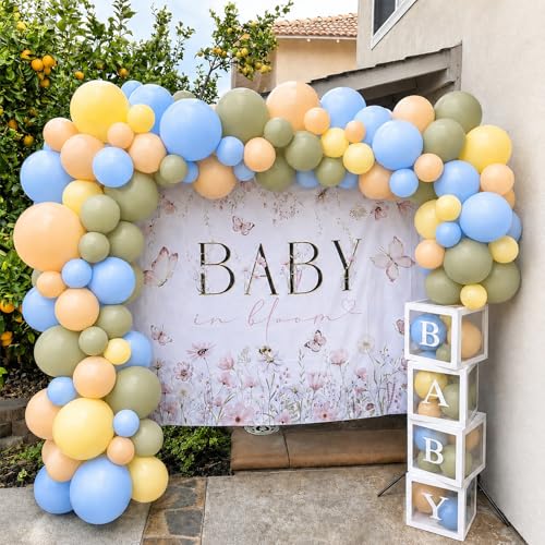 Image of Blue Green Yellow Balloons, 12 Inch Olive Green Light Blue Pastel Macaron Yellow and Nude Apricot Latex Balloons for Baby Shower Kids Birthday Wild One Wedding Bear Theme Party Decorations