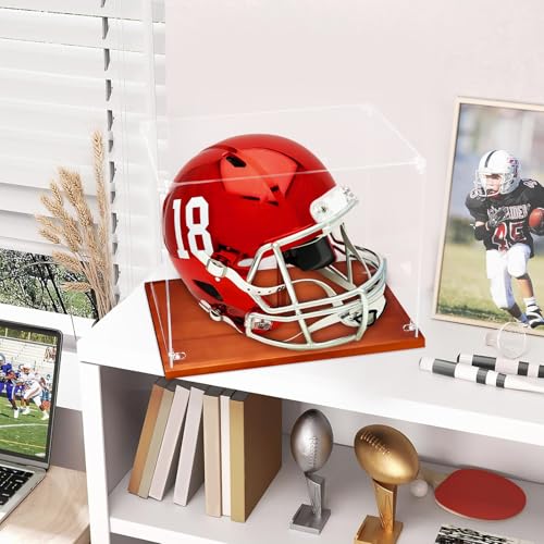Image of Clear Acrylic Helmet Display Case with Wood Base & Tee, Memorabilia Stand Cube Holder, Dust Protection Transparent Storage Box for Single Helmet Souvenir Collections