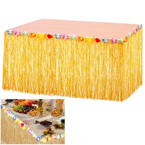 Faldas de Mesa Hawaii, 275 x 60 cm Decoración de Fiesta Hawaii , Decoración de mesa Hawaii luau, con Flores Multicolores, para Fiestas, Vacaciones y Reuniones al aire Libre, Dorado