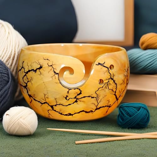 Image of Wooden Yarn Bowl for Knitting and Crocheting | Handmade Yarn Bowl | Large Yarn Bowl Yellow Wood Yarn Bowl Best Gift for Mom