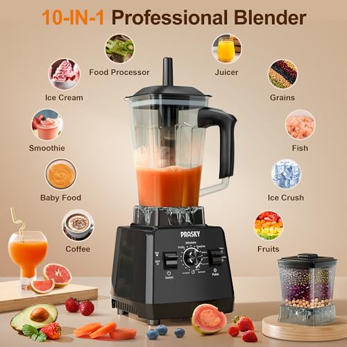 Image of Professional Blender, Blenders for Smoothies, PRASKY Max.2400Watts /1000Watts Blender and Grinder Combo 25000RPM Powerful Kitchen 68oz BPA Free 2 Containers Countertop Blenders for Ice-Black