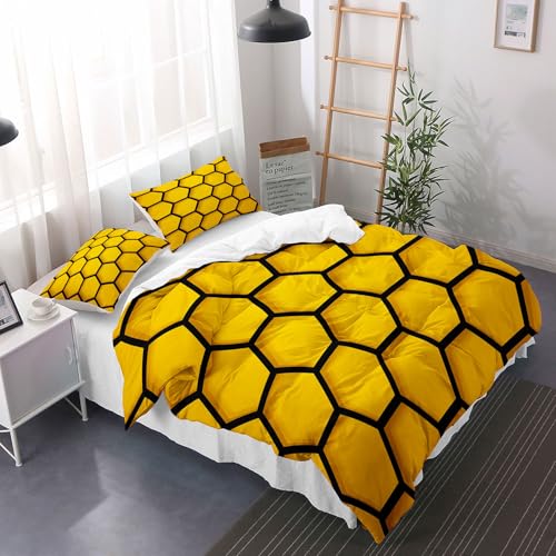 Housse de couette 140x200 patchwork hexagonal abstrait jaune noir moderne microfibre