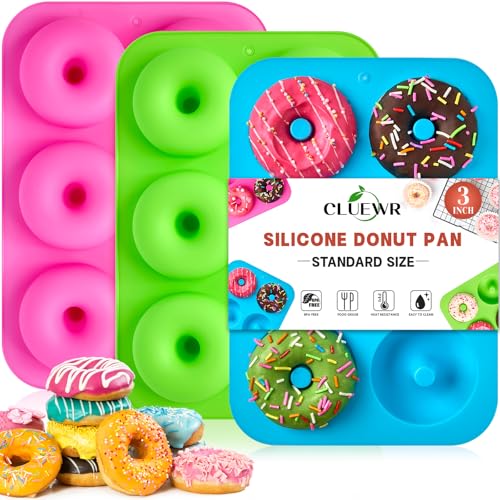 Image of CLUEWR Donut Pan for Baking, 3 Pack Non-Stick Silicone Doughnut Pans 3 Inch Bagel Pans, Oven and Dishwasher Safe