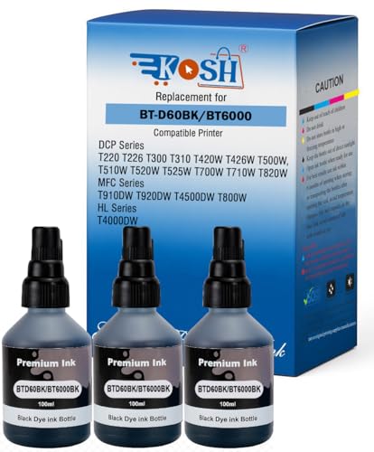 Image of KOSH BTD60 BT5000 Refill Ink Compatible for Brother DCP-T300 T310W T500W T520W T220 T700W T420W T425W T426W T428W T720DW T725DW T820DW T810W T910DW T920DW Printers (3, Black Pack of 3)