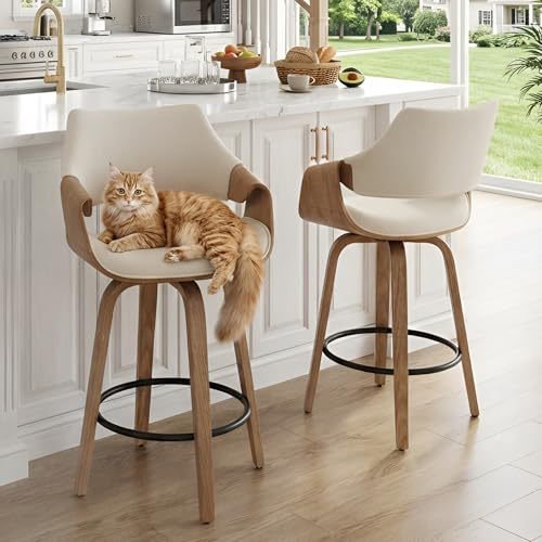 Image of 26'' Modern Barrel Swivel Counter Stools Counter Height Swivel Bar Stools with Backs Set of 2, Beige Linen Upholstered Bar Height stools, Farmhouse Solid Wood Barstools for Kitchen Island, Home Bar