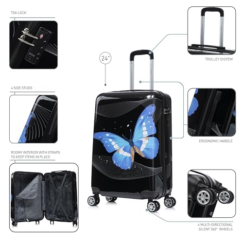 Image of InUSA Prints PC /ABS Plastic 4-Wheel Spinner Luggage, Black Butterfly (IUAPC00M-BBU)