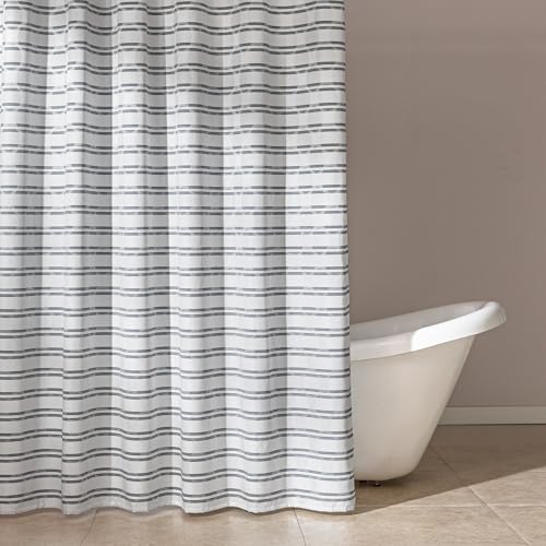 Amazon Basics Geometric Jacquard Fabric Shower Curtain for Bathroom, Lightweight, Waterproof and Washable, 72″ W x 74″ L, Grey Striped