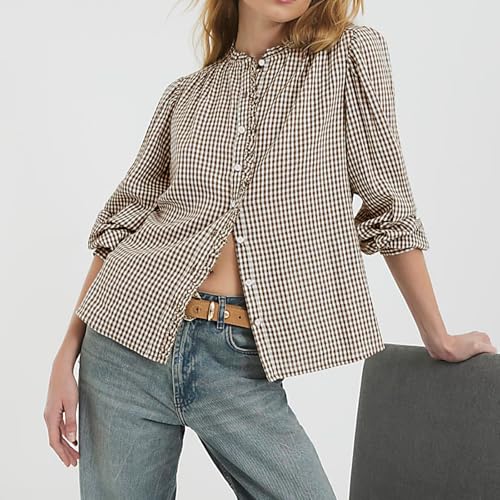 Women's Long Puff Sleeve Button Down Shirts Casual Loose Fit Cotton Blouses3