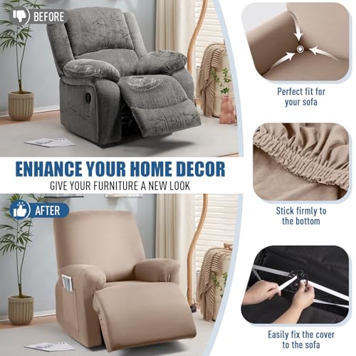 Image of TAOCOCO Stretch Recliner Chair Covers 3-Pieces Solid Furniture Covers Recliner Cover for Reclining Chair Slipcovers Feature Fitted Soft Washable Recliner Sofa Covers (1 Seat, Khaki)