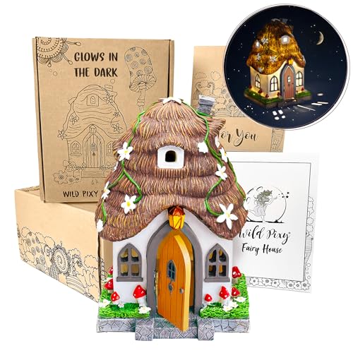 WILD PIXY Fairy Garden House - Glow in The Dark Fairy Cottage with Opening Door and Solar LED Light, Beautiful Miniature Garden Decoration for Indoor or Outdoor Fairy Gardens - 7.1' Fairy House