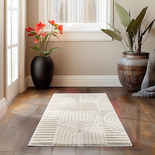 HomebyHome Tapis de Salon Moderne, Style Boho scandinave, crème, Effet Haut-Bas, Tapis décoratif Facile d'entretien 60 x 110