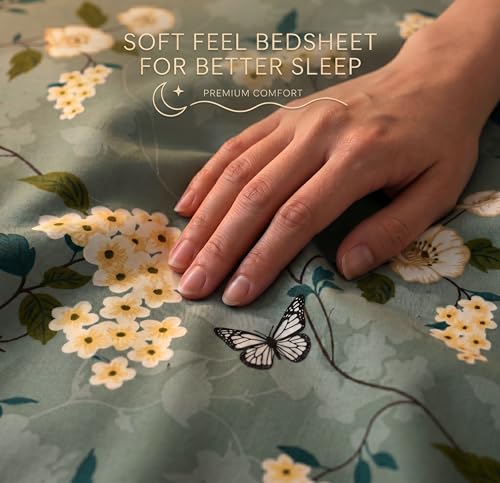Image of HOMEKART Floral Printed King Size Cotton Bedsheet with 2 Pillow Covers | Luxury Double Bed Bedding Set 86x88 Inches | Ultra Soft, Breathable & Wrinkle Resistant & Home Decor (Pastel Eucalyptus)