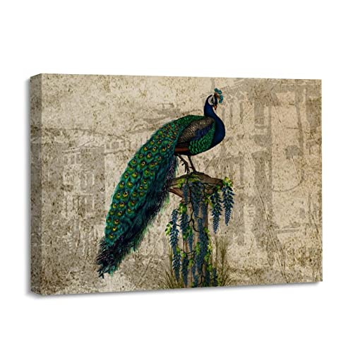 Toile murale paon colore Yelolyio - Tableau retro pour decoration salon et chambre
