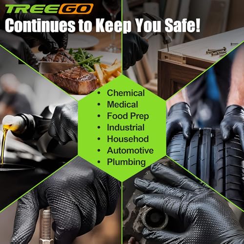 TREEGO 10 Mil Black Nitrile Gloves Large, Heavy Duty Disposable, Raised Diamond Texture, Latex-Free Rubber Gloves for Mechanics, Janitorial, BBQ, DIY