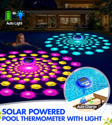 Sinbyuer 2026 Upgrade Digital Solar Pool Thermometer Easy Read | Pool Temperature Thermometer Floating with Dynamic Light Show | Large LCD Screen & Big Number Pools Temperature Gauge for Hot Tub & Spa