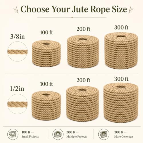 Natural Jute Rope (1/2 Inch x 300 Feet) Thick Hemp Rope Twisted Manila for DIY Crafts, Deck Railings, Hanging Swing, Nautical Decorating - 2