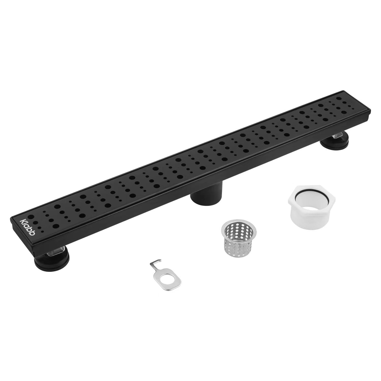 Klabb Linear Drain Shower，Linear Shower Drain 24 inch，Matte Black Linear Drain with Hair Strainer and Leveling feet