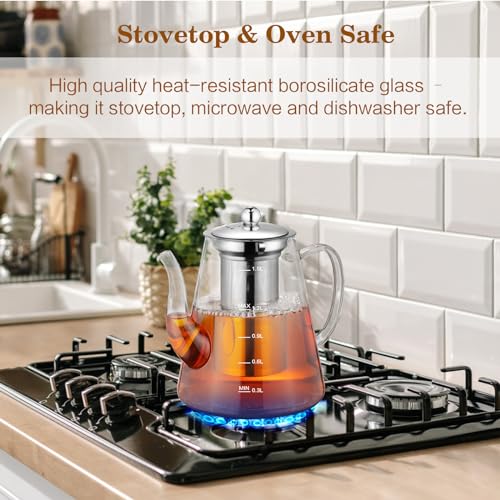 Image of 1500ml Glass Teapot, Large Tea Pot with Infuser for Loose Tea and Blooming Tea, Stovetop Safe Tea Kettle, Hand Crafted Borosilicate Glass Tea Maker with Scale Line, Tea Gift Set for Tea Lovers