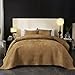 Powdion Velvet Quilt King Size, Oversized Bedspread Quilted Bedding Set, Luxurious Soft Coverlet Set Lightweight Velvet Comforter with Pillow Shams, Gold Caramel, Cross Stitch Striped Quilt Set