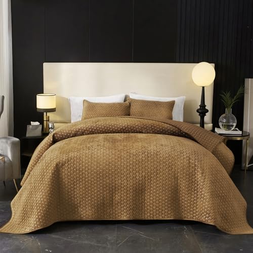Powdion Velvet Quilt Queen, Oversized Bedspread Quilted Bedding Set, Luxurious Soft Coverlet Set Lightweight Velvet Comforter with 2 Pillow Shams, Gold Caramel, Cross Stitch Striped Quilt Queen