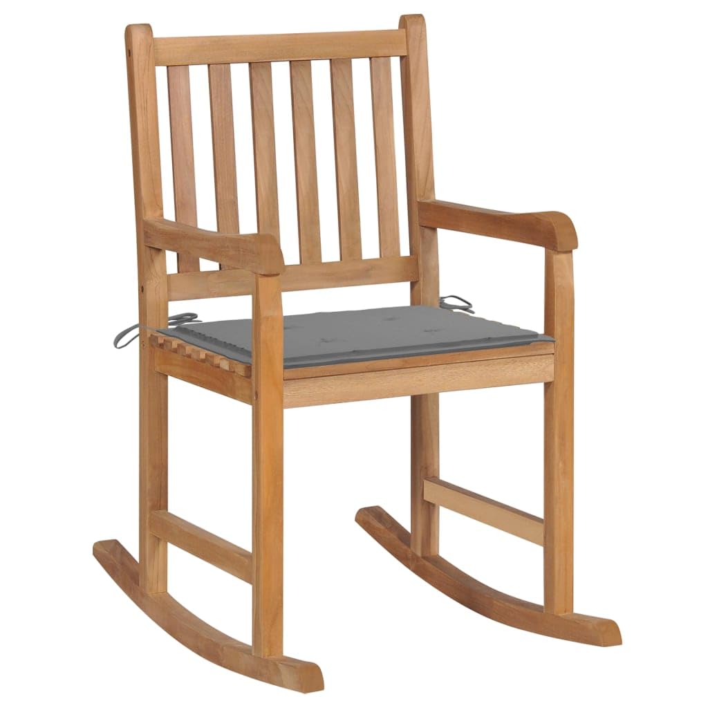 Chaise à Bascule en Bois de Teck Solide avec Coussin Gris, Rocking Chair de Jardin et Intérieur, Fauteuil Relax Ergonomique pour Terrasse et Balcon, 58 x 92,5 x 106 cm
