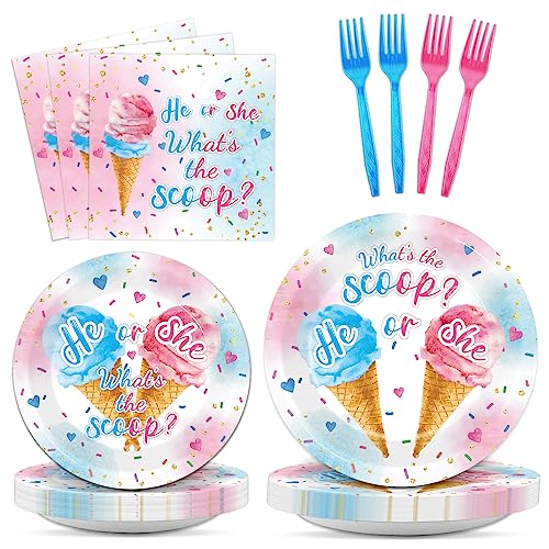 Image of 96PCS Ice Cream Gender Reveal Party Paper Tableware What's the Scoop Gender Reveal Plates Party Supplies for Summer Ice Cream Theme He or She Boy or Girl Baby Shower Dinnerware Plates Napkins Forks