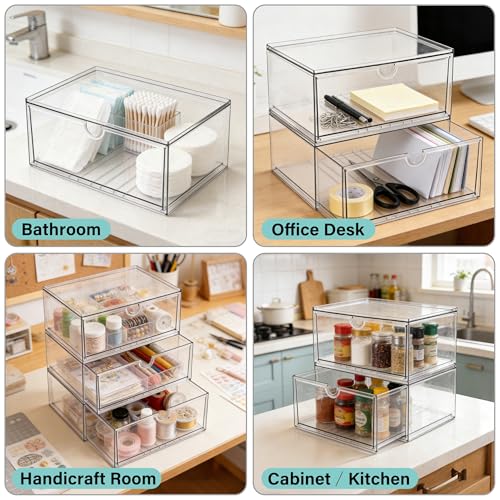Image of Prsildan Acrylic Makeup Organizer, 3 Pack Stackable Clear Storage Drawers for Baby Bottles Desk Organizers with 3 Drawers for Countertop Vanity Nursery Modular System for Cosmetics Jewelry