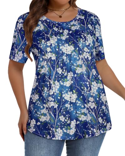 Image of Plus Size Tops for Women Summer Pleated Short Sleeve Shirts Casual Blouses | Floral or Boho Tunic, Trendy Summer Outfits, Loose Fit Business Clothes, XL to 6XL