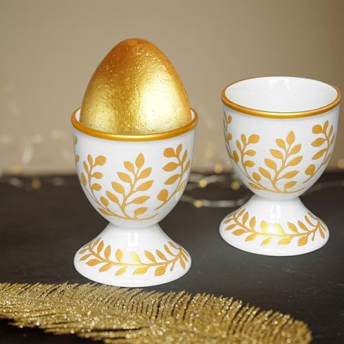 Image of Cinf Ceramic Egg Cups, Set of 2, Champagne Gold Boiled Egg Holders | Set of 2 ceramic egg cups, elegant champagne gold stable base, easy to clean, ideal for boiled eggs and breakfast serving