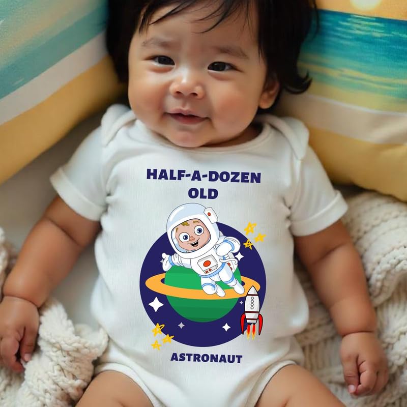 Image of KNITROOT Half Birthday Special Newborn Baby White Color Half Sleeve Unisex 100% Cotton Romper, Sleepsuit, Body Suit, Envelope Neck, Half-A-Dozen Old Astronaut Print, 0-12 Months for Boys & Girls