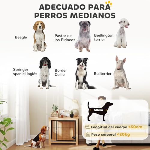 PawHut Hundezwinger Moderner Beistelltisch Haustierhaus mit 2 Türen Schwenkbarer Ständer mit 2 Näpfen und Stahlrahmen für mittlere Hunde 80x60x68 cm Eiche