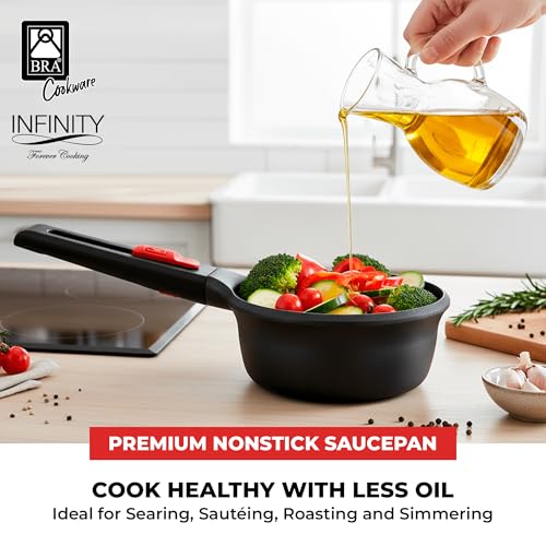 Image of BRA COOKWARE Infinity Nonstick Saucepan with Glass Lid | 6.3 Inch 1.2 Quart Deep Pot | PFAS Free Soup Pot | Deep Pan Ideal for Boiling or Warming on All Cooktops incl. Induction | Removable Handle