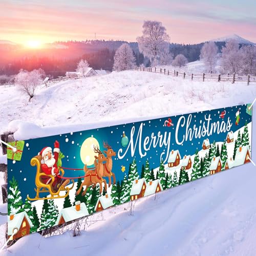 Christmas Banner Outdoor Large Fabric Blue Merry Christmas Decorations with Santa Claus Reindeer Gifts Backgroud Banner Xmas Yard Sign for Outside Fence Garden New Year Party Decor Supplies 210x40cm