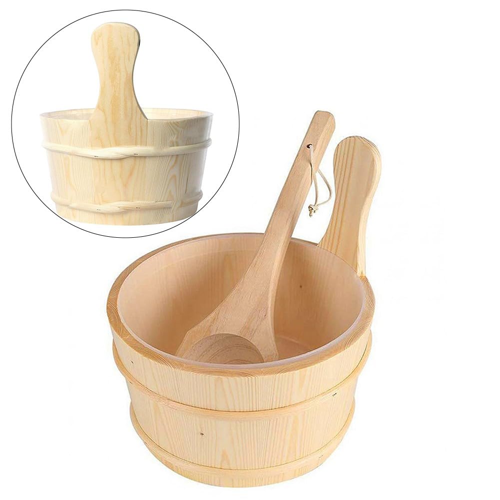 ZYWUOY Seau de sauna en bois avec cuillère en bois assortie pour hammam et pavillon de sudation - 24 x 27 cm - Construction en bois naturel - Design traditionnel - 2 pièces