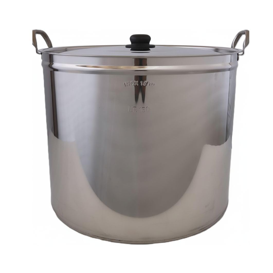 Pentola Bollitore in Acciaio Inox 18/10 per la Bollitura di Prodotti Alimentari, 200L, Diametro 72,5 cm, Altezza 50 cm, con Coperchio