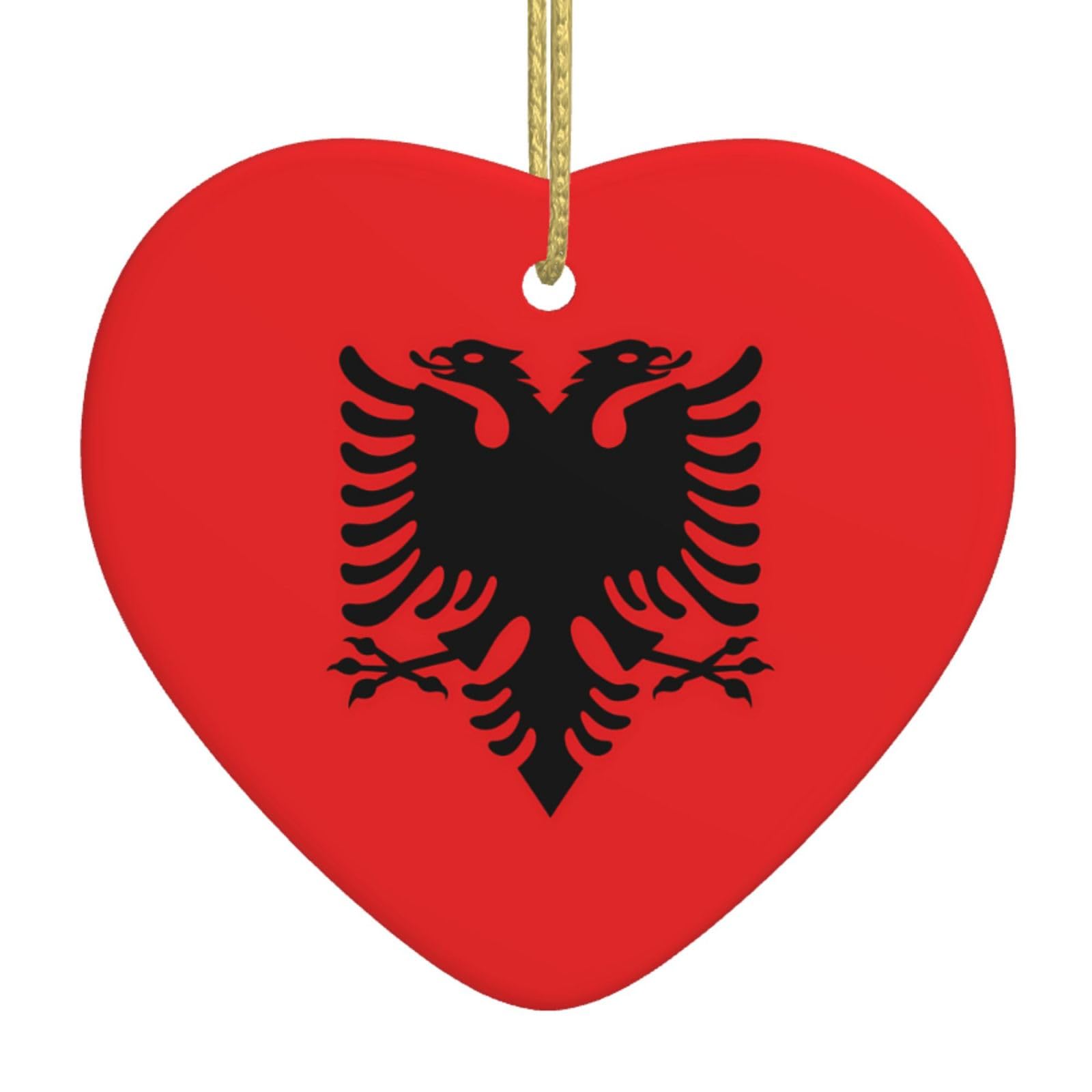 Albanian Flag Ceramic Christmas Heart Pendant with Silk Thread, Christmas Tree Home Decoration