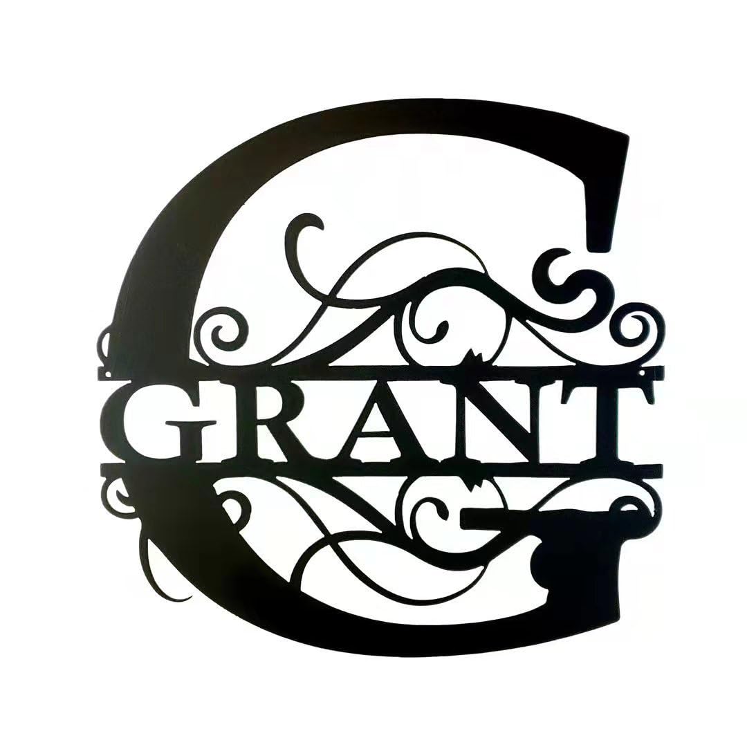 Personalized Family Name Sign, Custom Ornate Monogram Letter with First Last Name Split Letter Name Sign - Metal Wall Art Home Decor