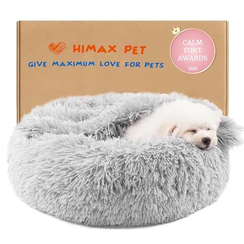 Himax Small Cat & Dog Bed with Cover, Calming Dog Bed for Small Dogs,Anti-Anxiety Donut Dog Bed with Attached Blanket,Washable Round Fluffy Pet Bed (20"/26"/35")，Light Grey