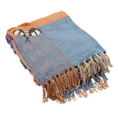 Creative Co-Op Woven Fabric Plaid Throw with Tufting, Embroidery, Flowers and Insects, Multicolor