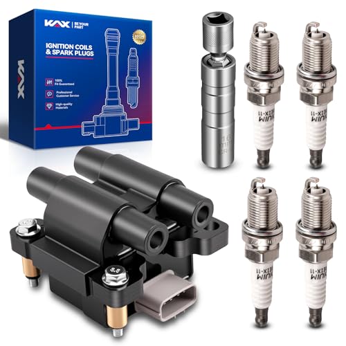 Image of KAX Ignition Coil & 4 Spark Plugs Set for Subaru Forester 2009-2010 2.5L | (w /Magnetic Swivel Spark Plug Socket) Fits Impreza 2011 2.5L, Replaces UF566 BKR5EGP
