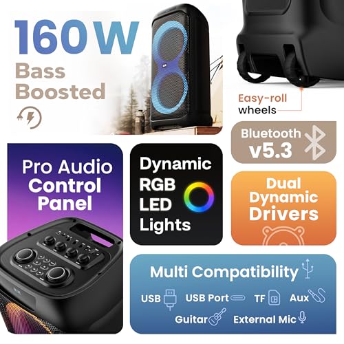 Image of GOBOULT Partybox X200 with Dynamic RGB LED Panel, 160Watt, Upto 7 Hrs Playtime, Bluetooth Speaker, Karaoke Mic Input, Portable Speaker, Pro Control Panel, USB, TF Card, AUX Compatible