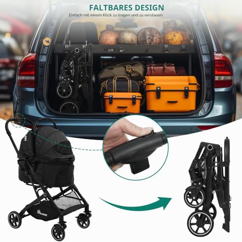 YITAHOME Hundewagen 3 in1 Hundebuggy Transporttasche, Faltbar klappbar Katzenwagen, Bis 15,9kg, 360°Verschleißfeste Gummiräder, Ablagekorb, Netzfenstern Getränkehalter, für Hunde & Katzn (Schwarz)