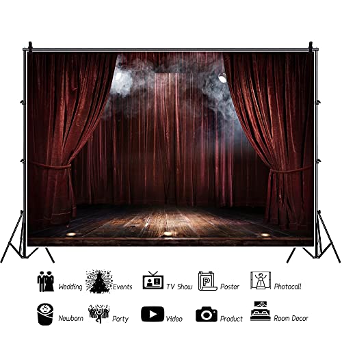YongFoto 10x8ft Vinyl Stage Scenes Photo Backdrop Brown Curtain Wood Floor Smoky Spotlight Magic Theater Stage for Party Event Photography Video Film Photoshoot Background Studio Props Wallpaper - Image 4