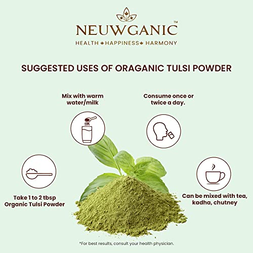 Image of Organic Tulsi Powder - Holy Basil Powder - India Organic and Usda Certified - Ideal for Making Kadha, Tea & Chutney - 200 Gm Pack of 3