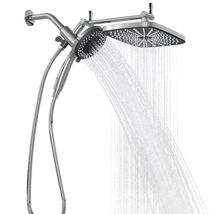 Regadera de lluvia cromada con mano libre: regadera superior rectangular de alta presión 12x7.5 pulgadas y regadera manual de 5 pulgadas, boquillas de silicona antiobstrucción, barra ajustable de altura