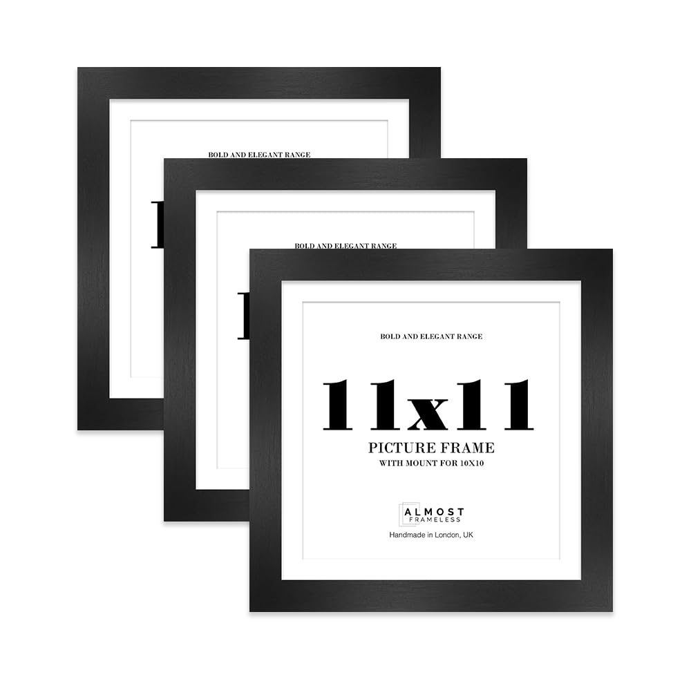 11x11" Black Square Frame With Mount for 10x10" Pictures 28mm Edge Frame Display with Wall Hooks and Kickstand, 3 Pack